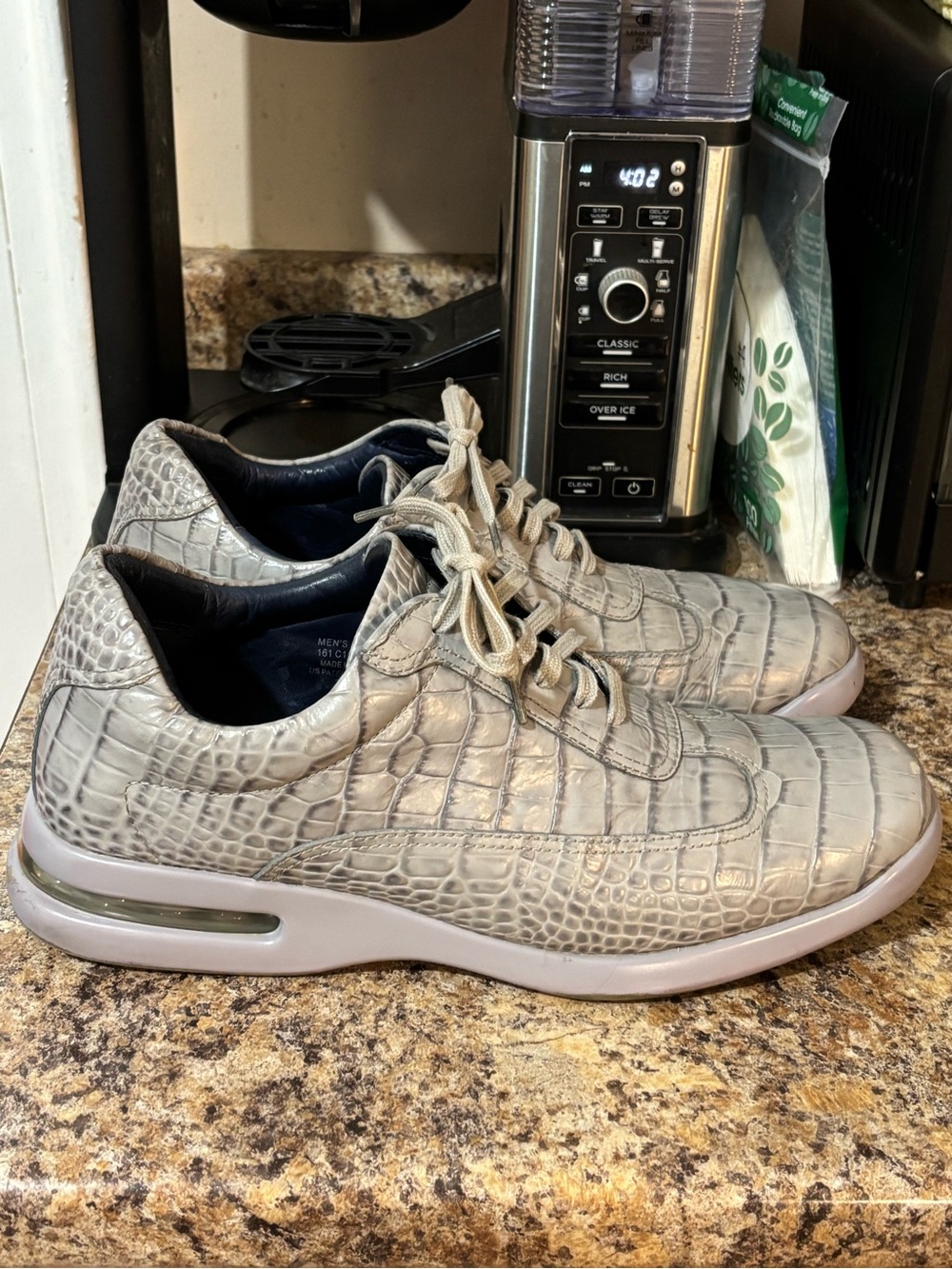 COLE HAAN Men's Casual Lace-Up Sneakers in Light Gray Croc-Embossed Leather.